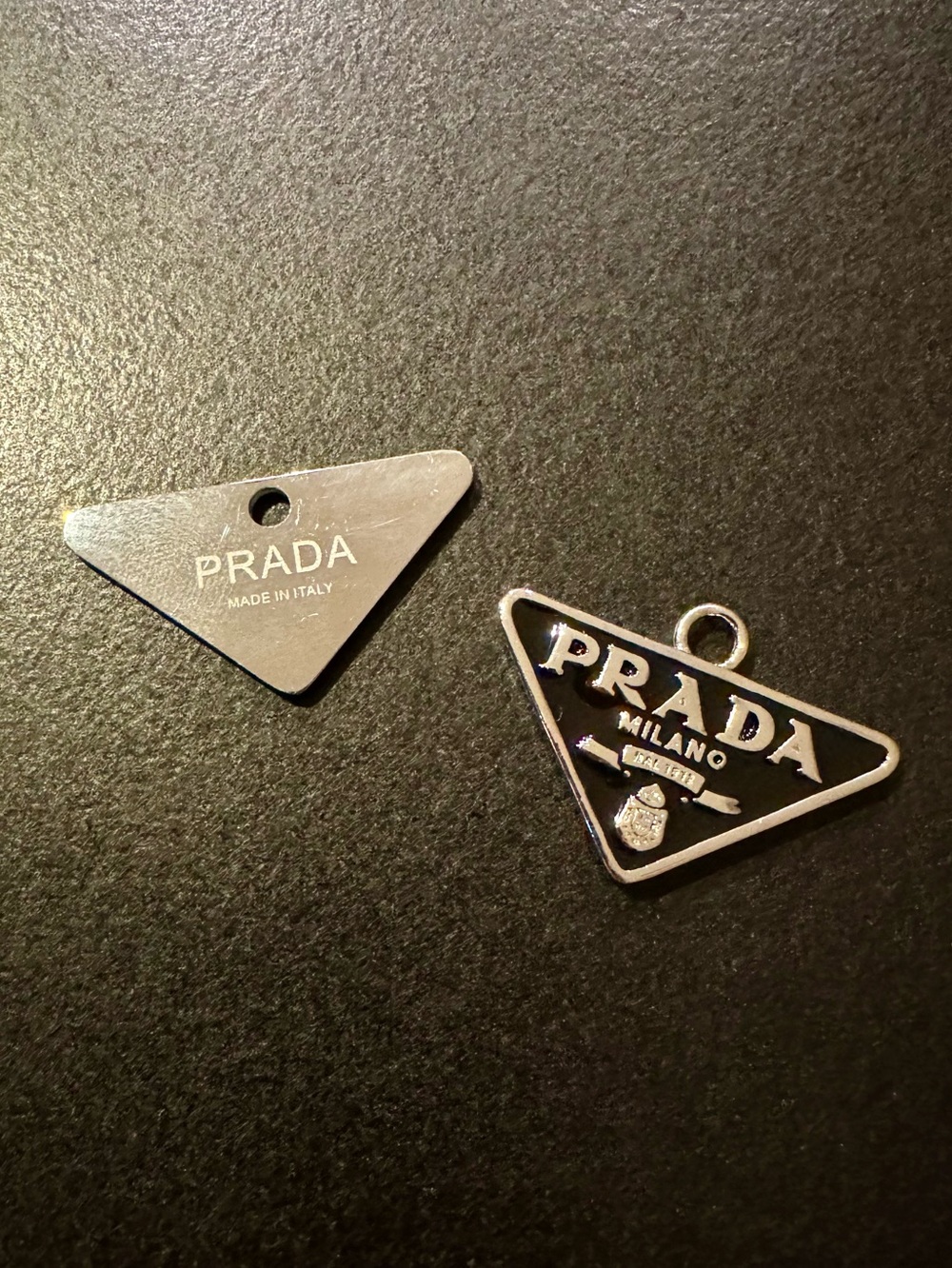 Prada Black and Silver Triangle Logo Zipper Pull Charm Made in Italy + Extra